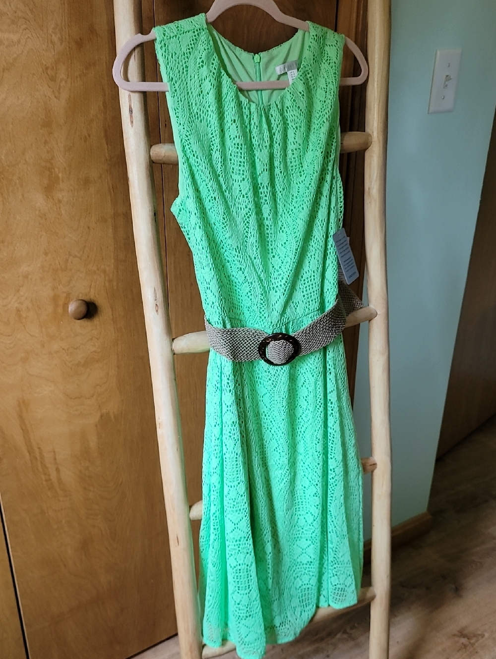 London Times Mint Green Lace Midi Dress with Woven Belt